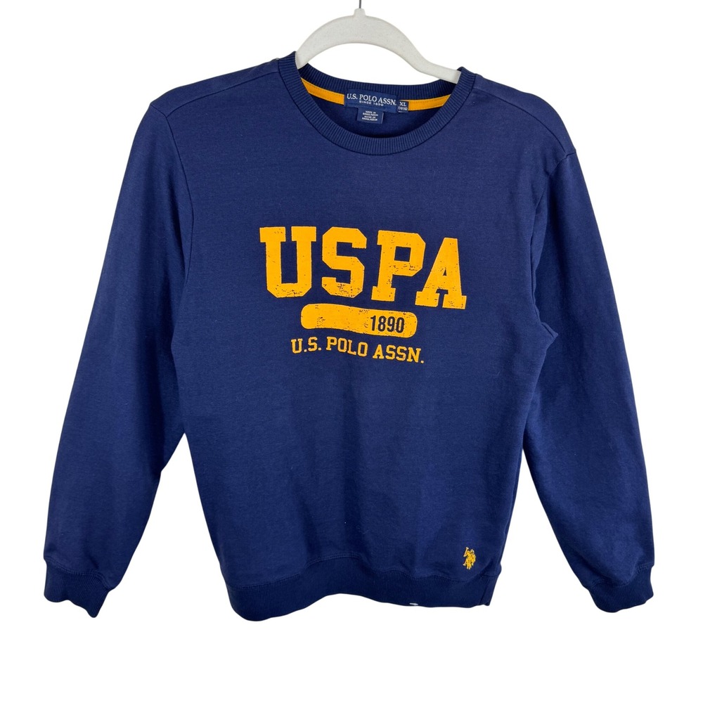 US Polo Assn Kids Boys XL 14-16 Navy Blue Yellow Graphic Crewneck Sweatshirt